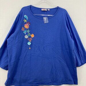 Quacker Factory size 2X Blue Sea Shell Embroidered Stretch Knit 3/4 Sleeve Top